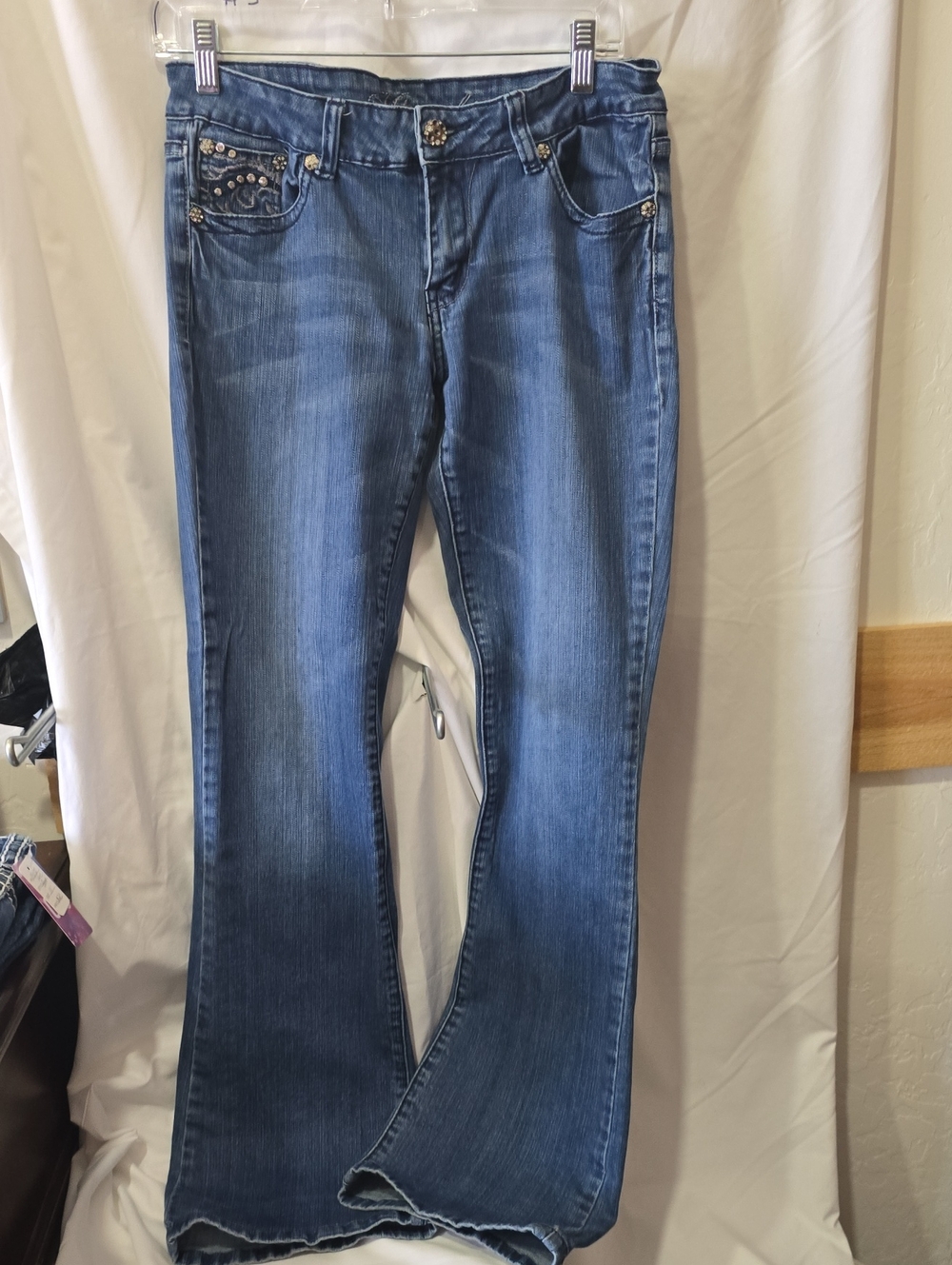 Miss Chic Jeans Dark Blue Flare Jeans with Studded Pocket Detail